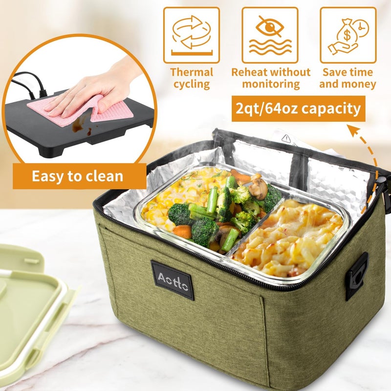 Aotto Portable Oven, Electric Lunch Box Food Heater - 12V/24V/110V 3-in-1 Car Food Warmer - Heated Lunch Box for Adults - Cook, Reheat & Keep Meals Warm for Car, Truck, Travel, Work, Home - Green - Image 3